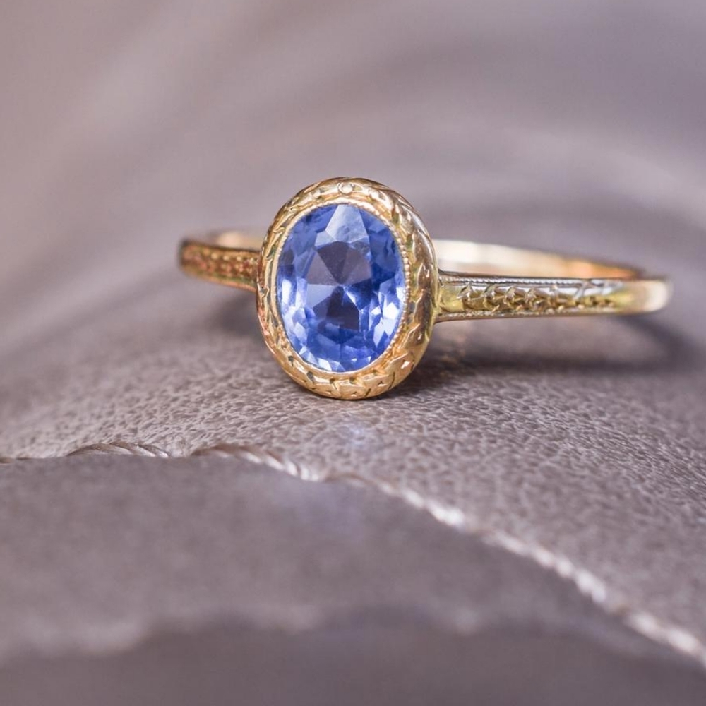 ISO antique cornflower sapphire ring in 9, 10, or 14k yellow gold